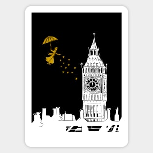 Mary Poppins and Big Ben Linocut Print in white, black and gold Sticker